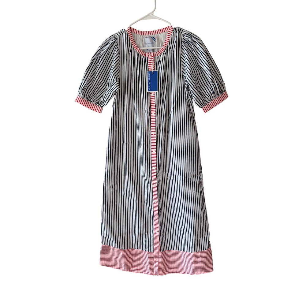 NWT! ADDISON BAY Navy Red Americana Cabana Dress Nautical Preppy Midi‎ XS $178
